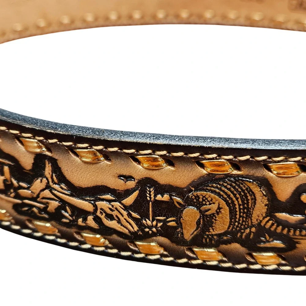Ranch Pal Mens Brown Tooled Leather Western Belt Armadillo Steer Skull Size 34